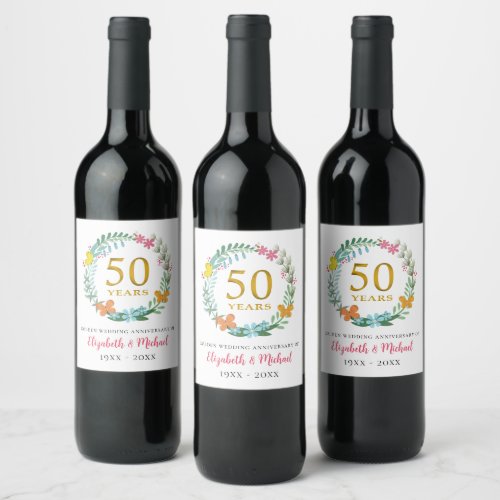 50th Wedding Anniversary Golden Floral Wreath Wine Label