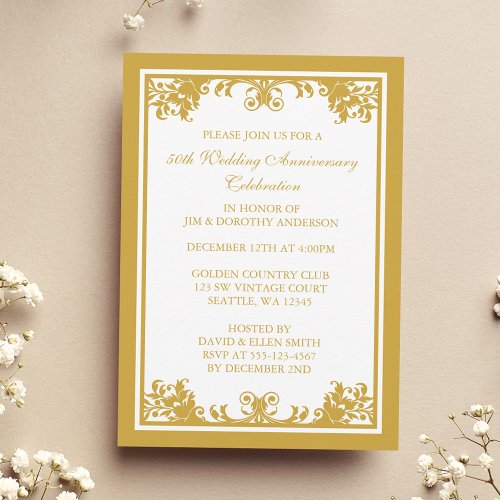 50th Wedding Anniversary Golden Flourish Scroll Personalized Invitation