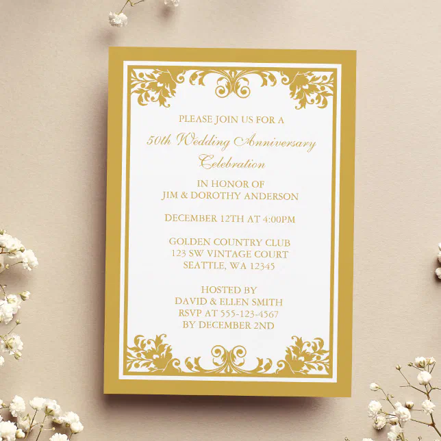 50th Wedding Anniversary Golden Flourish Scroll Invitation | Zazzle