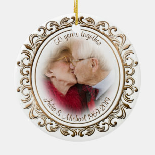 50th Wedding Anniversary Golden Frame Custom Photo Ceramic Ornament