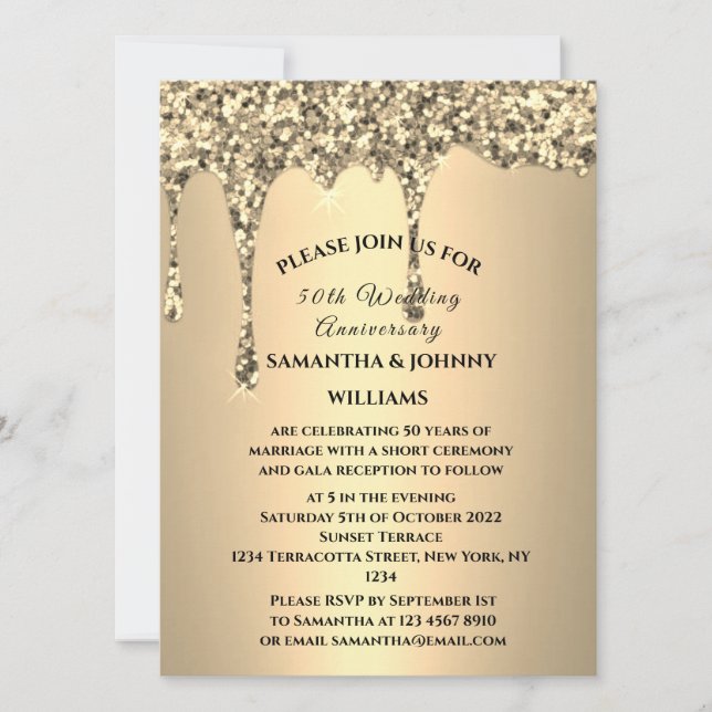 50th Wedding Anniversary Golden Glitter Drip Invitation (Front)