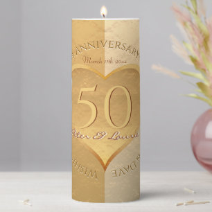 50th Wedding Anniversary Golden Heart Medallion Pillar Candle