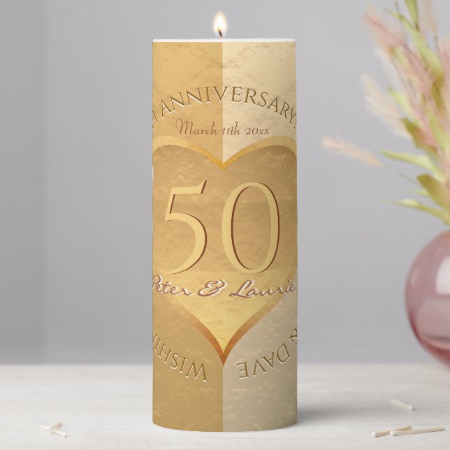 50th Wedding Anniversary Golden Heart Medallion   Pillar Candle (In Situ)
