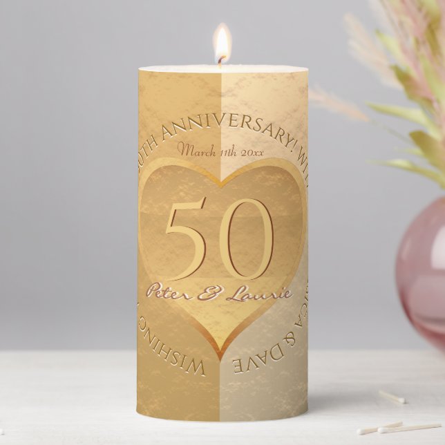 50th Wedding Anniversary Golden Heart Medallion    Pillar Candle (In Situ)