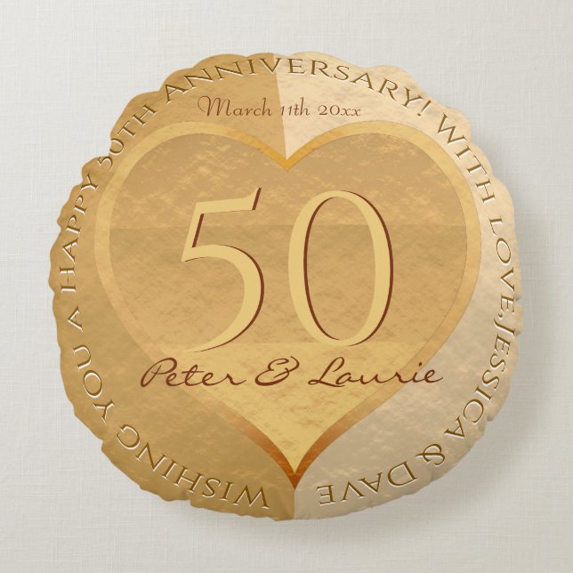 50th Wedding Anniversary Golden Heart Medallion Round Pillow (Front)