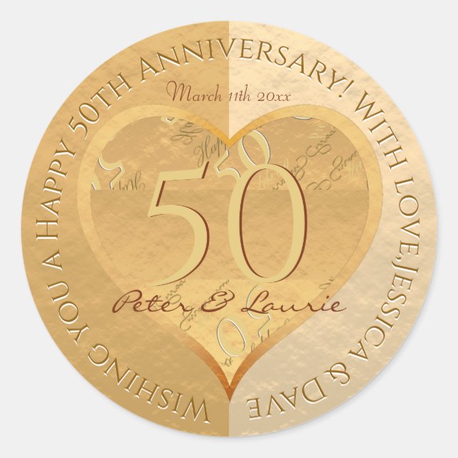 50th Wedding Anniversary Golden Heart Sticker (Front)