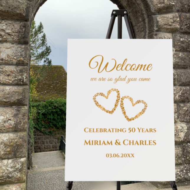 50th Wedding Anniversary Golden Heart Welcome Sign (Customize this golden 50th wedding anniversary welcome sign, simple golden hearts, stylish modern.
)