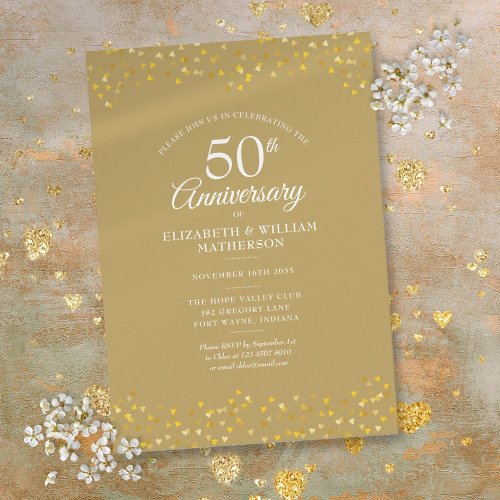 50th Wedding Anniversary Golden Hearts Confetti Invitation