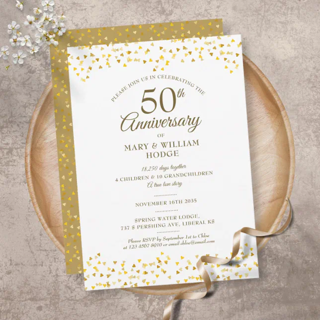 50th Wedding Anniversary Golden Hearts Memories Invitation | Zazzle