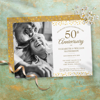 50th Wedding Anniversary Golden Hearts Photo Invitation by thisisnotmedesigns at Zazzle