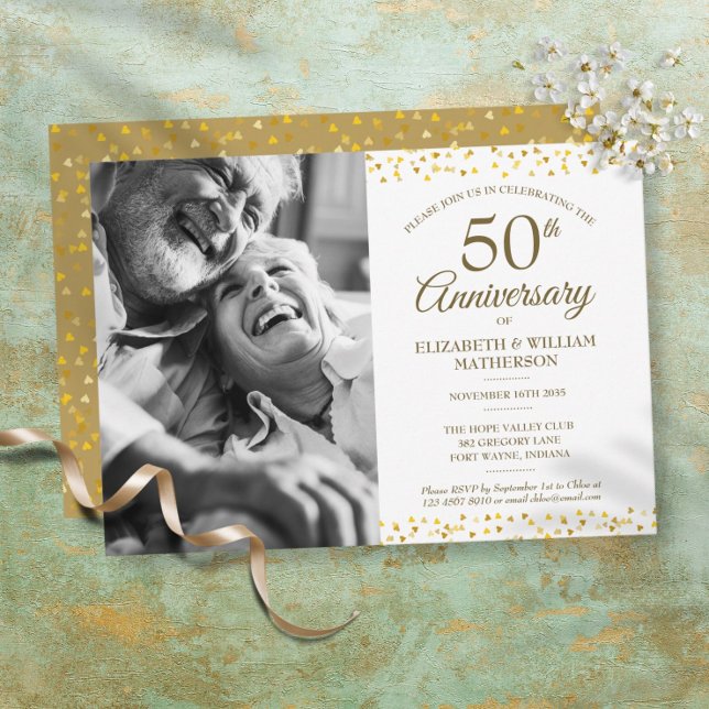 50th Wedding Anniversary Golden Hearts Photo Invitation