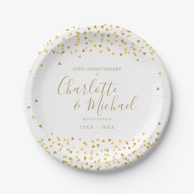 50th Wedding Anniversary Golden Hearts Signature Paper Plates (Front)