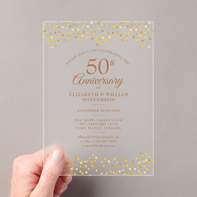 50th Wedding Anniversary Golden Love Hearts Acrylic Invitations (Insitu (Handheld))