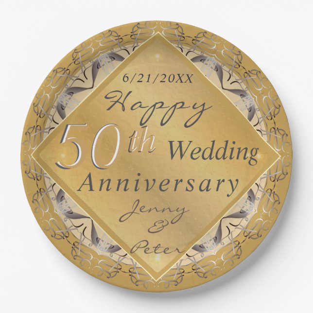 50th Wedding Anniversary Golden Ochre Paper Plate (Front)