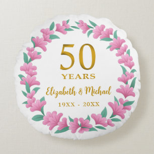 50th Wedding Anniversary Golden Pink Floral Wreath Round Pillow