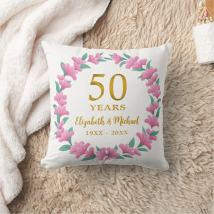 50th Wedding Anniversary Golden Pink Floral Wreath Throw Pillow
