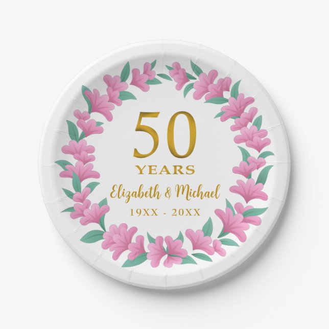 50th Wedding Anniversary Golden Pink Wreath Paper Plates (Front)