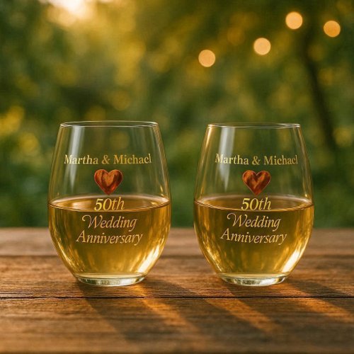 50th Wedding Anniversary Golden Typography Heart Stemless Wine Glass