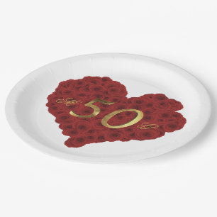 50th Wedding Anniversary Golden Wedding Red Roses Paper Plates