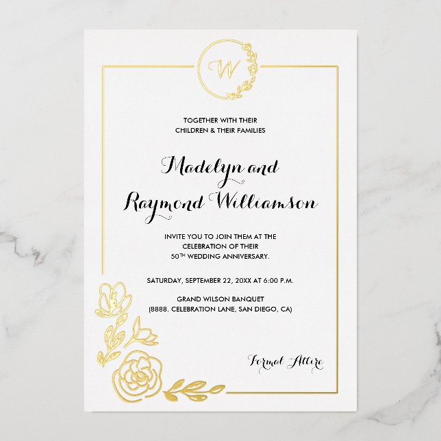 50th Wedding Anniversary Golden Wreath Monogram  Foil Invitation (Front)
