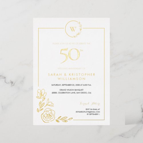 50th Wedding Anniversary Golden Wreath Monogram  Foil Invitation