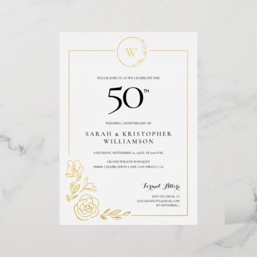 50th Wedding Anniversary Golden Wreath Monogram  Foil Invitation