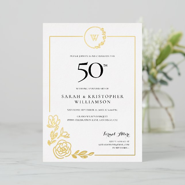 50th Wedding Anniversary Golden Wreath Monogram  Foil Invitation (Standing Front)
