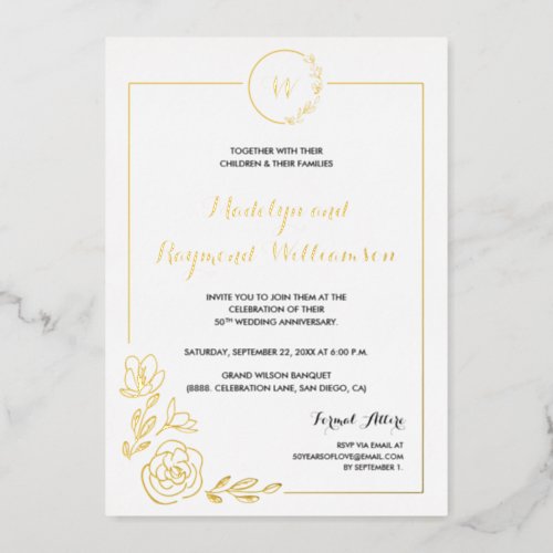 50th Wedding Anniversary Golden Wreath Monogram  Foil Invitation