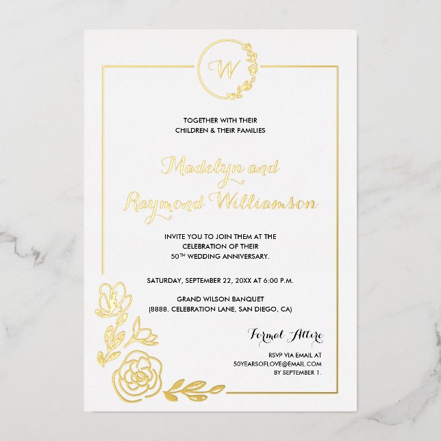 50th Wedding Anniversary Golden Wreath Monogram  Foil Invitation (Front)