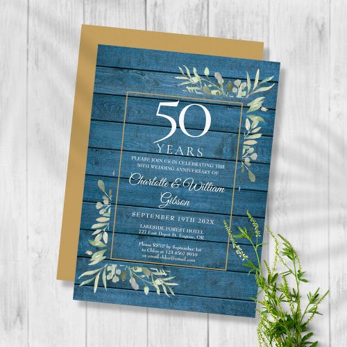 50th Wedding Anniversary Greenery Blue Rustic Wood Invitation