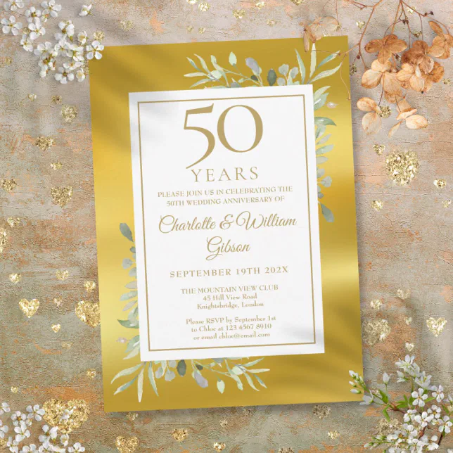 50th Wedding Anniversary Greenery Gold Foil Invitation | Zazzle