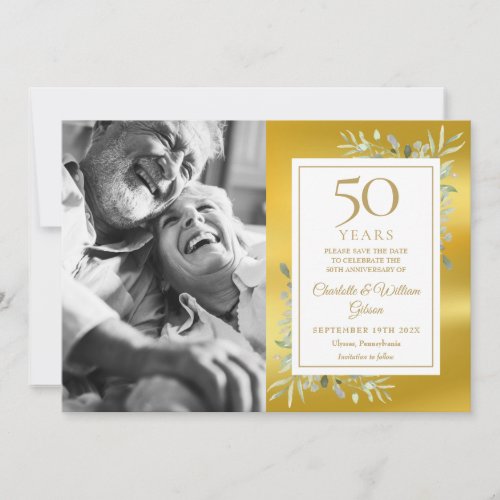 50th Wedding Anniversary Greenery Gold Foil Photo Save The Date