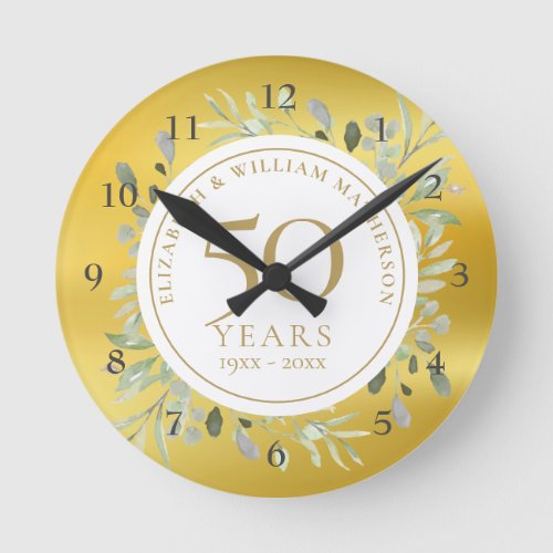 50th Wedding Anniversary Greenery Gold Foil Round Clock