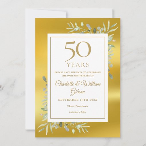 50th Wedding Anniversary Greenery Gold Foil Save The Date | Zazzle