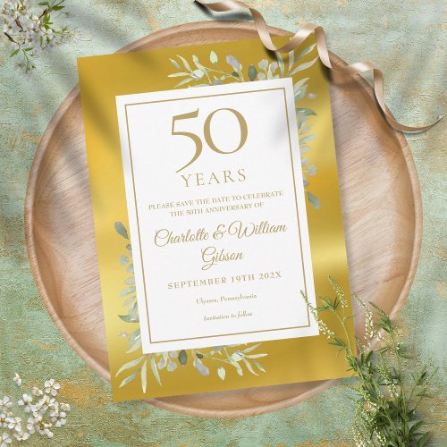 50th Wedding Anniversary Greenery Gold Foil Save The Date