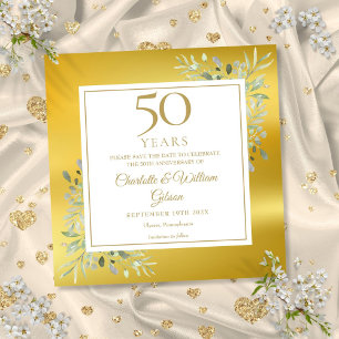 50th Wedding Anniversary Greenery Gold Foil Square Save The Date