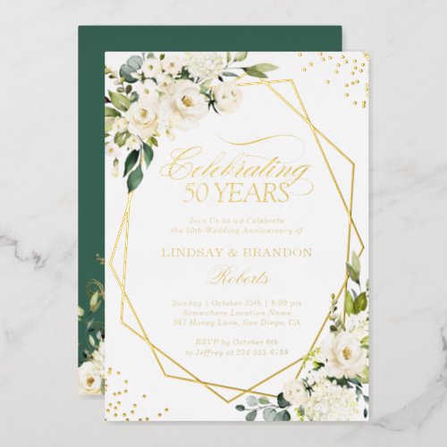 50th Wedding Anniversary Greenery Gold Geometric Foil Invitation