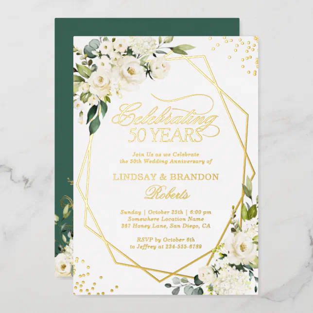 50th Wedding Anniversary Greenery Gold Geometric Foil Invitation | Zazzle