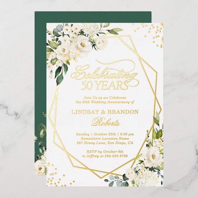 50th Wedding Anniversary Greenery Gold Geometric Foil Invitation (Front/Back)