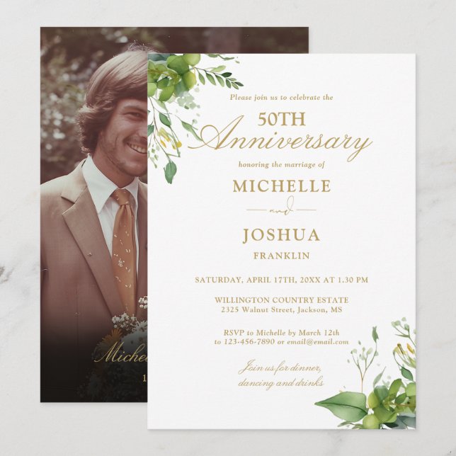 50th Wedding Anniversary Greenery Gold Photo Invitation (Front/Back)