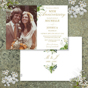 50th Wedding Anniversary Greenery Gold Photo Invitation