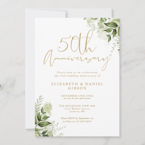 50th Wedding Anniversary Greenery Gold Photo Invitation