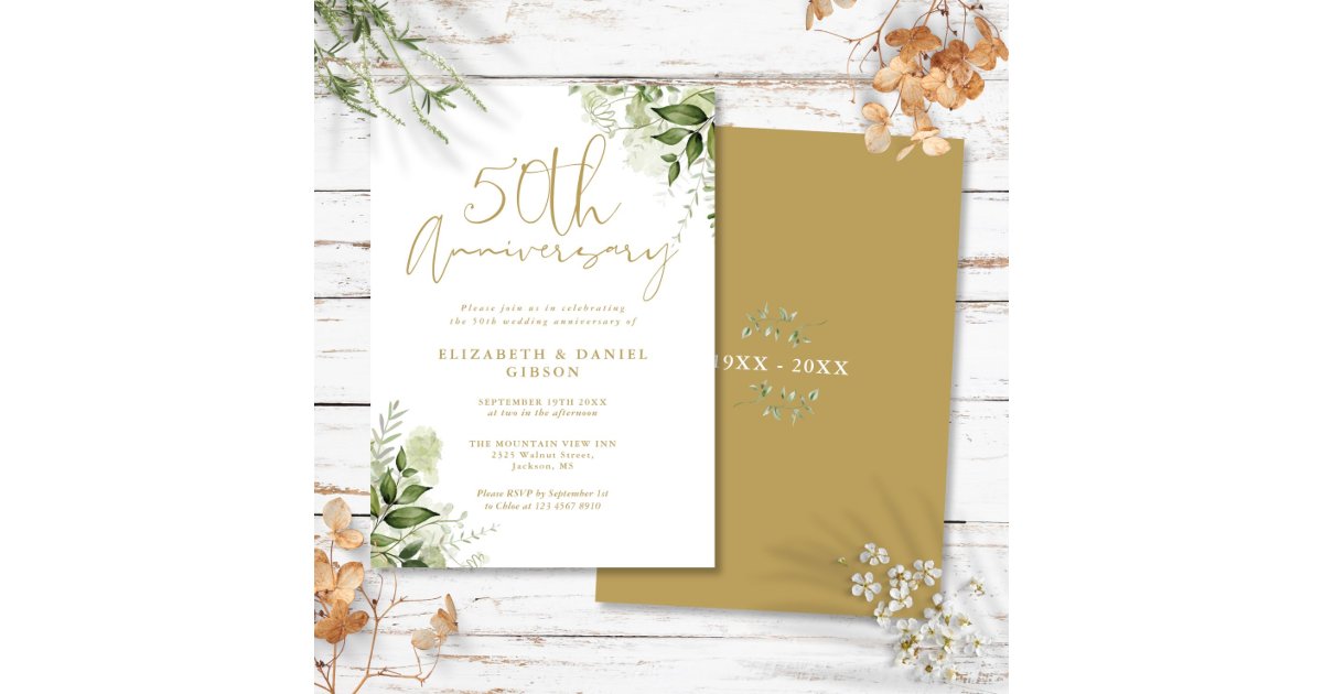 50th Wedding Anniversary Greenery Gold Script Invitation | Zazzle