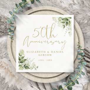 50th Wedding Anniversary Greenery Gold Script Napkins