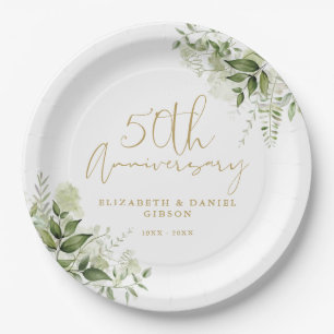 50th Wedding Anniversary Greenery Gold Script Paper Plates