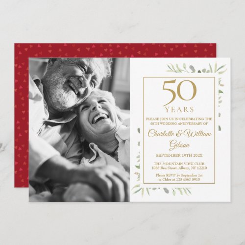 50th Wedding Anniversary Greenery Love Heart Photo Invitation