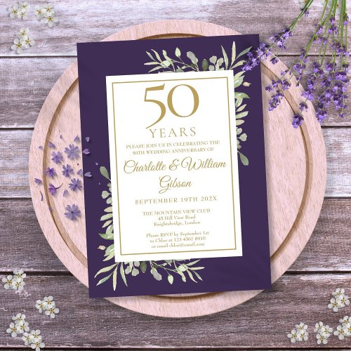 50th Wedding Anniversary Greenery Purple And Gold Invitation