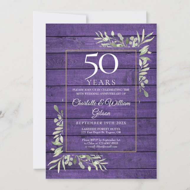 50th Wedding Anniversary Greenery Purple Wood Invitation (Front)