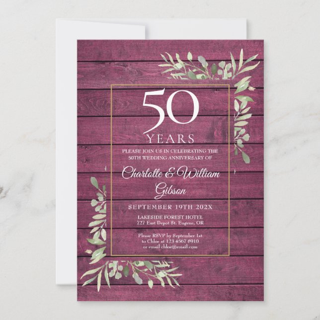 50th Wedding Anniversary Greenery Rustic Red Wood Invitation (Front)
