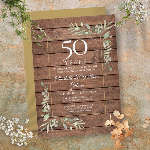 50th Wedding Anniversary Greenery Rustic Wood Invitation